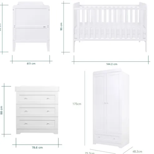 Tutti Bambini White Cot Bed with Chest of Drawers and Wardrobe Rio